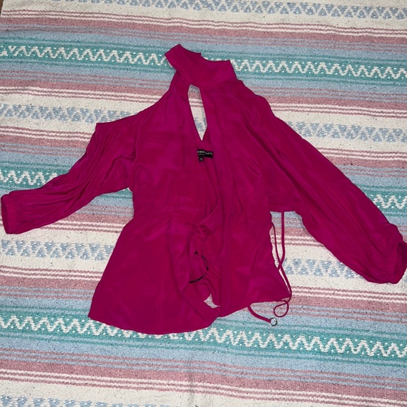 Allen Schwartz Tops - Allen Schwartz asymmetrical hot pink halter 3/4 sleeved wrap blouse